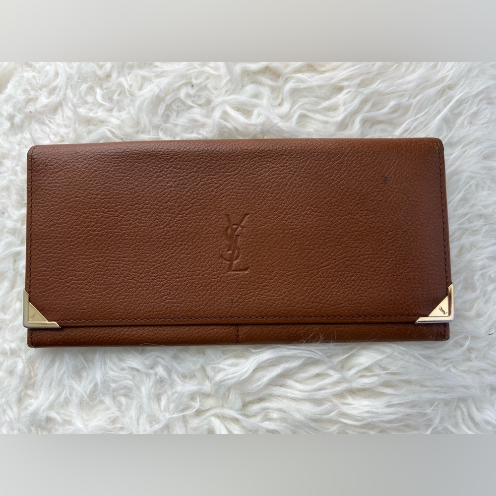 Vintage Yves Saint Laurent Brown Pebbled Leather Continental Wallet